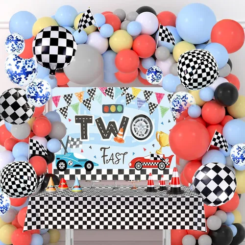 Miniatura 8 de Decoración de fiesta de cumpleaños de coche de carreras, globos de automóvil de carreras con flecos de aluminio a cuadros, telón de fondo