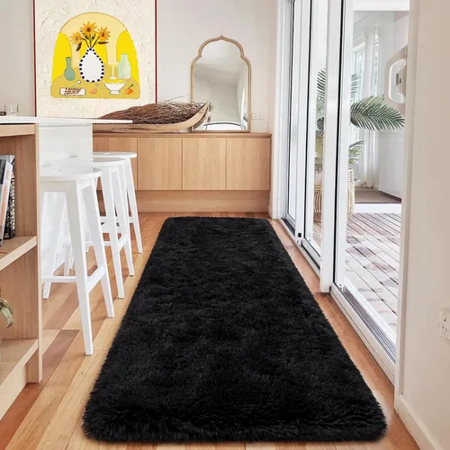 Miniatura 4 de HOMORE Alfombra de pasillo negra de 2 x 6 pies para dormitorio, alfombras esponjosas para pasillo y sala de estar, alfombras antideslizantes