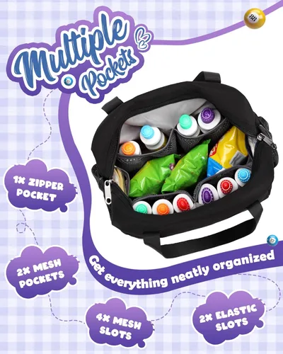 Miniatura 2 de Bolsa de bingo para Daubers Dabbers Dobbers Dotters resistente al agua, bolsa de accesorios de bingo con bolsillos para adultos mayores (negro)