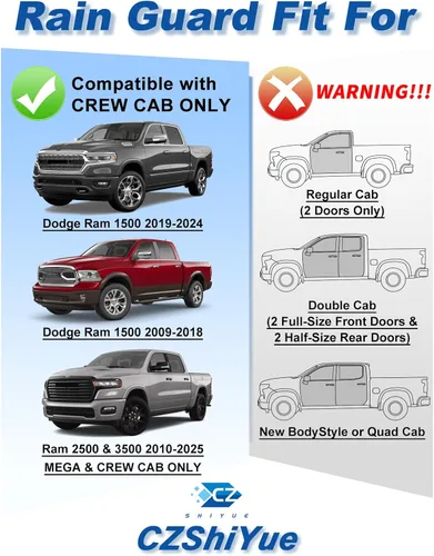 Miniatura 5 de Protectores de lluvia aptos para Dodge Ram 1500 2009-2024, Ram 2500 y 3500 2010-2025, deflectores de lluvia extragruesos para ventana, viseras