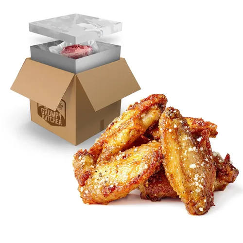 Grumpy Butcher Heritage - Alitas de pollo cocinadas y aptas para microondas, paquete de 2 (20 onzas cada una), con ajo y parmesano de primera