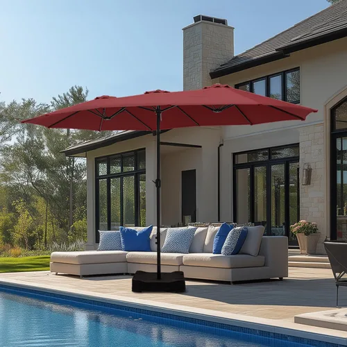 Miniatura 9 de MFSTUDIO Sombrilla de patio de 15 pies con base incluida, sombrilla rectangular grande de mercado de doble cara para exteriores con mango