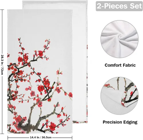 Miniatura 2 de Paquete de 2 toallas de mano con diseño de flor de cerezo rojo, toallas de baño absorbentes de microfibra asiática japonesa con tinta de acuarela