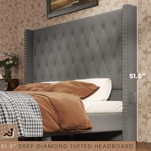 Miniatura 4 de CIKUNASI Base de cama de terciopelo Queen con cabecero, almacenamiento, luz LED, estación de carga, gris, tablero de fibra de densidad media