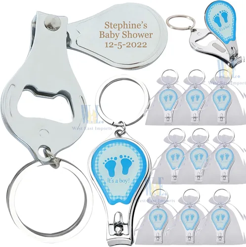 12 llaveros personalizados para baby shower, color azul niño, cortaúñas y abrebotellas, regalo personalizado con grabado láser (huella)