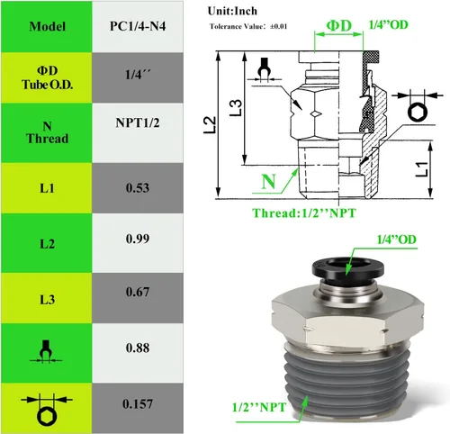 Miniatura 2 de Tubo neumático macho recto de 5/16 pulgadas OD x 1/4 pulgadas NPT Push para conectar accesorios modo PC5/16xN02 (paquete de 2)