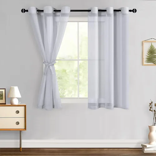 Miniatura 19 de Hiasan - Cortinas traslúcidas de gasa cortas semitransparentes con ojales y alzapaños filtrantes de luz para ventana, dormitorio, baño, 2 paneles