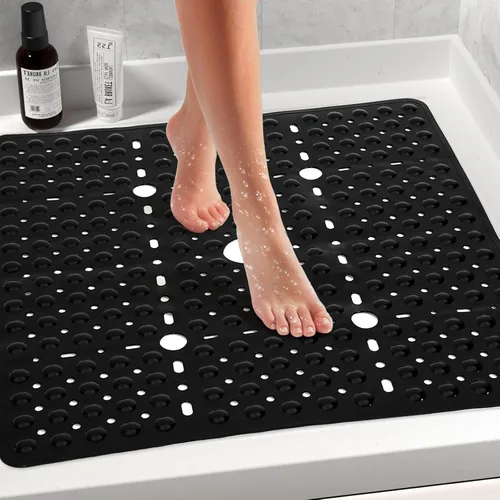 Miniatura 2 de Tapete de ducha cuadrado grande de 27 x 27 pulgadas, color negro, tapete antideslizante para ducha interior con grandes orificios de drenaje
