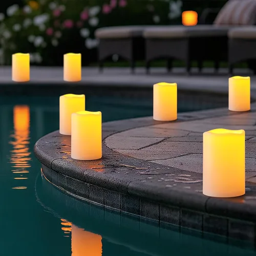 Miniatura 8 de Amagic Paquete de 2 velas eléctricas de plástico sin llama de 6 x 4 pulgadas para exteriores con control remoto y temporizador, velas falsas