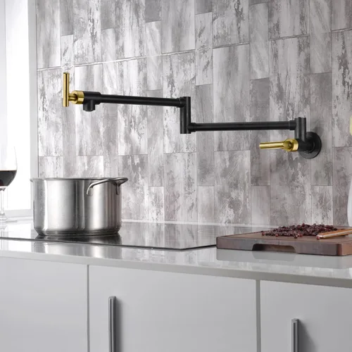 Miniatura 5 de SUMERAIN Grifo de llenado de olla para montaje en pared, grifo de cocina negro y dorado, brazos oscilantes de doble articulación, dos manijas