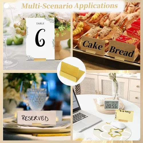 Miniatura 3 de Tinsow 16 elegantes soportes dorados para números de mesa, perfectos soportes de metal para tarjetas y marcos de fotos para recepción de boda