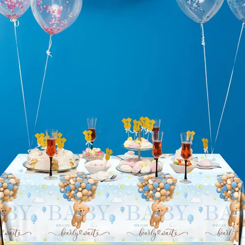 Miniatura 4 de Bearly Wait - Decoraciones para baby shower, 3 piezas de oso de peluche azul, manteles de oso de plástico para bebé, fundas de mesa para niños