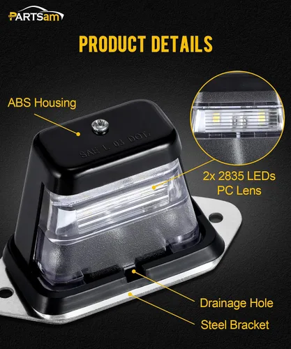 Miniatura 4 de Partsam Luz de matrícula LED impermeable de 12V CC con luz para placa de licencia, soporte con orificio de drenaje, carcasa de ABS, lente de PC