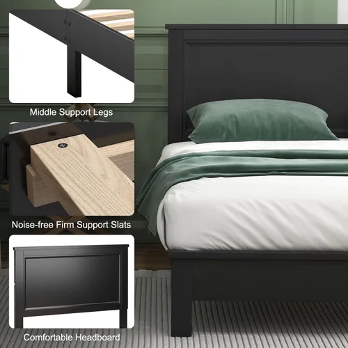 Miniatura 7 de Giantex Base de cama de plataforma de madera individual con cabecero, marco de cama de mediados de siglo con patas de madera maciza y soporte