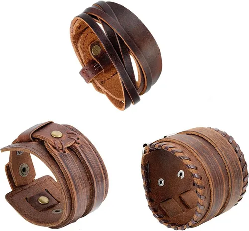 Miniatura 8 de OIDEA Assorted 3pcs Mens Punk Multistrand Leather Braided Bangle Cuff Bracelet for Biker Dad Father Size Adjustable
