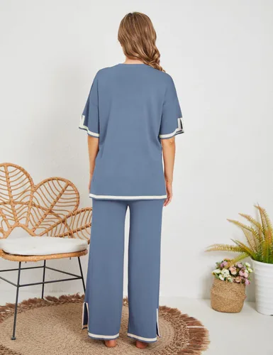 Miniatura 4 de Tanming - Conjuntos de suéter para mujer, 2 piezas, conjuntos de lounge, tops de punto de manga corta, pantalones de pierna ancha