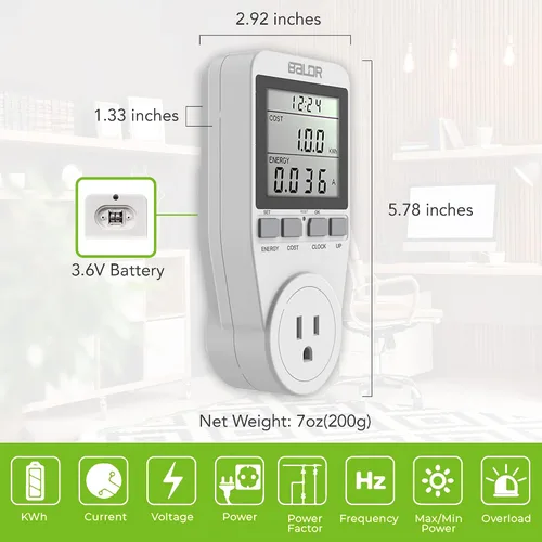 Miniatura 3 de BALDR Monitor de uso de electricidad de Estados Unidos para el hogar, electrodomésticos, tomas de medidor de kilovatio, enchufe para medir