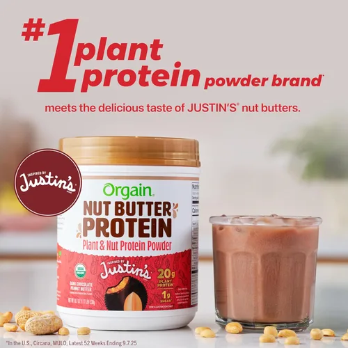 Miniatura 2 de Orgain X Justin's ® Proteína en polvo de mantequilla de nuez vegana orgánica, mantequilla de maní de chocolate, 0.71 oz de proteína vegetal, 0.04 oz