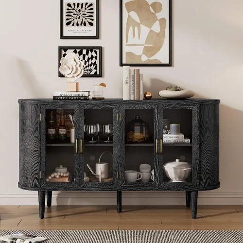 Miniatura 10 de VilroCaz Aparador de armario de almacenamiento curvado con 2 puertas y 2 cajones, mesa consola de entrada de madera de 55 pulgadas con puerta
