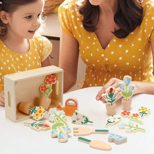 Miniatura 7 de Juego de herramientas de jardín de flores de madera, caja de jardinería y juego de herramientas de jardín, juguetes Montessori, aprendizaje