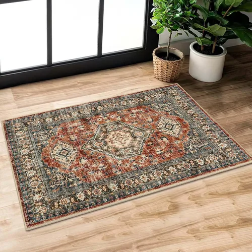 Miniatura 62 de Lahome Alfombra oriental lavable de área pequeña, 2 x 3 pies, para entrada, cocina, ultra fina, suave, tapete antideslizante para puerta de Azul