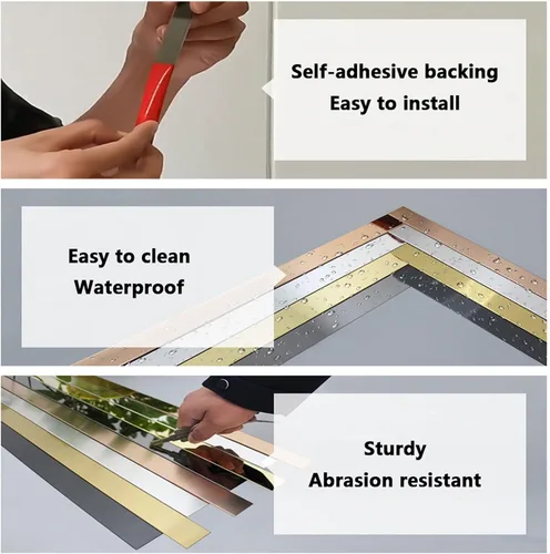Miniatura 5 de Tira de bordes autoadhesiva para moldura y pared de 16.4 ft, acabado de espejo metalizado de acero inoxidable 201, adorno decorativo para puerta