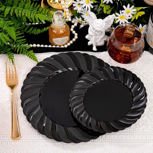 Miniatura 8 de U-QE 100 platos de plástico negro, platos desechables negros resistentes, que incluyen 50 platos llanos de 9 pulgadas y 50 platos de postre de 6.5