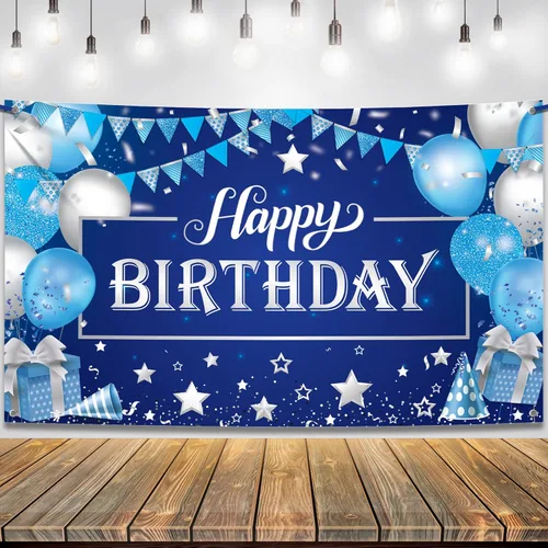 KatchOn, Cartel grande de feliz cumpleaños plateado y azul - 72 x 44 pulgadas | Cartel de pared de feliz cumpleaños para hombres | Telón de fondo de