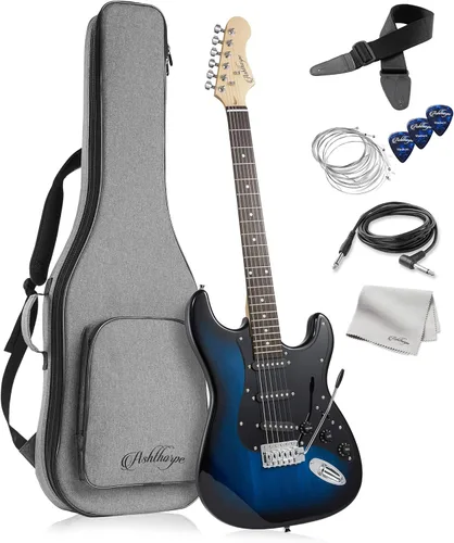 Miniatura 10 de Ashthorpe - Guitarra eléctrica de 39 pulgadas (verde y negro), kit de guitarra de tamaño completo con bolsa acolchada, barra de trémolo, correa