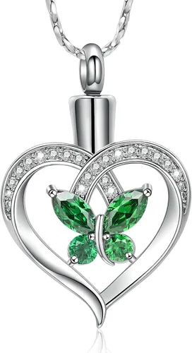 Miniatura 50 de Imrsanl Collares de urna de mariposa para mujeres y niñas, joyería de cremación con piedra natal, colgante para cenizas humanas, medallón