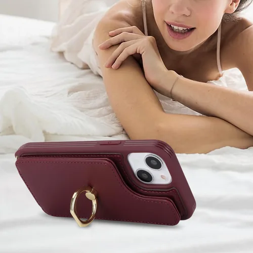 Miniatura 4 de Lipvina Funda para iPhone 13 Mini con tarjetero y correa para mujer, cordón cruzado, soporte de anillo con soporte, cierre a presión, bloqueo RFID