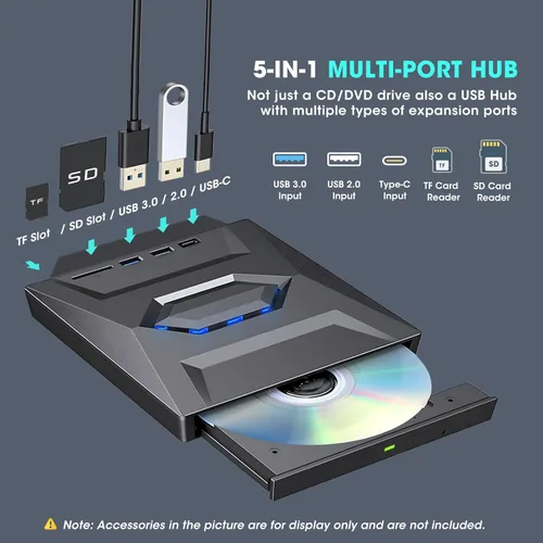 Miniatura 4 de ROOFULL Unidad externa de CD DVD USB 3.0 y USB-C, quemador de CD ROM, reproductor de DVD con USB Hub y lector de tarjeta SD, unidad óptica portátil