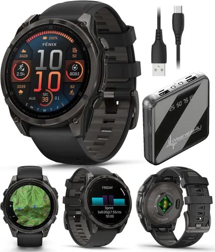 Miniatura 8 de Garmin Fenix 8 – 2 pulgadas, reloj inteligente multideporte GPS AMOLED, zafiro, titanio con banda de silicona naranja brillante/grafito, linterna