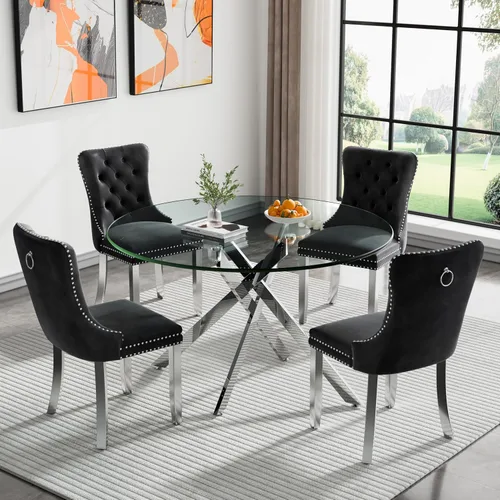 Miniatura 58 de Juego de 4 mesas de comedor redondas de vidrio para 4, juego de mesa de cocina pequeña para 4, mesa redonda de vidrio de 35 pulgadas, juego de 4