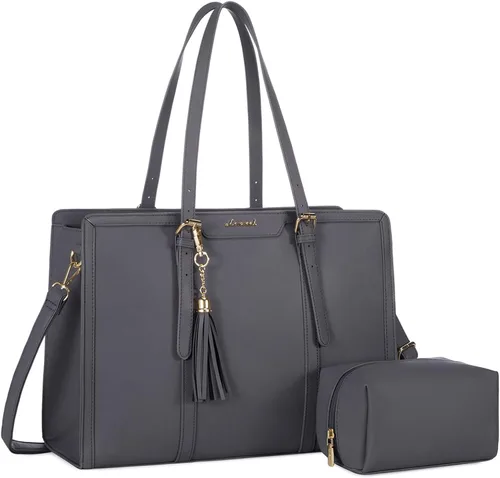 Miniatura 23 de LOVEVOOK Bolsa para laptop para mujer, bolsa de lona ligera de 15.6 pulgadas, bolsa grande para computadora, con bolso de mano, para negocios, Beige