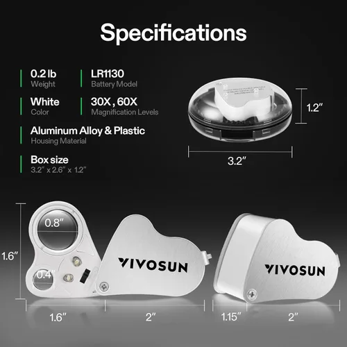 Miniatura 8 de VIVOSUN 30X 60X Lupa de joyero iluminada plegable con luz LED para joyas, gemas, relojes, monedas, sellos, antigüedades, blanco