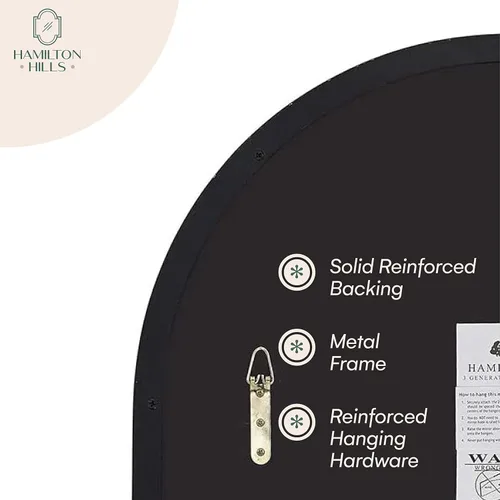 Miniatura 5 de Hamilton Hills Espejo con marco de metal negro cepillado de 24 x 36 pulgadas, espejo colgante de pared, diseño de esquina superior arqueada, espejo