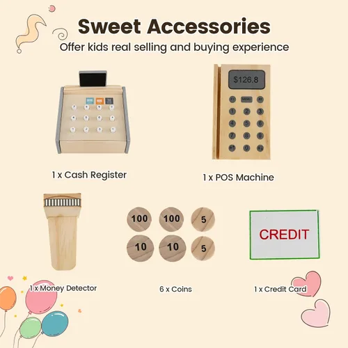 Miniatura 9 de Costzon Juego de simulación para tienda de comestibles, tienda de juegos de madera, juego de supermercado para niños pequeños con caja registradora
