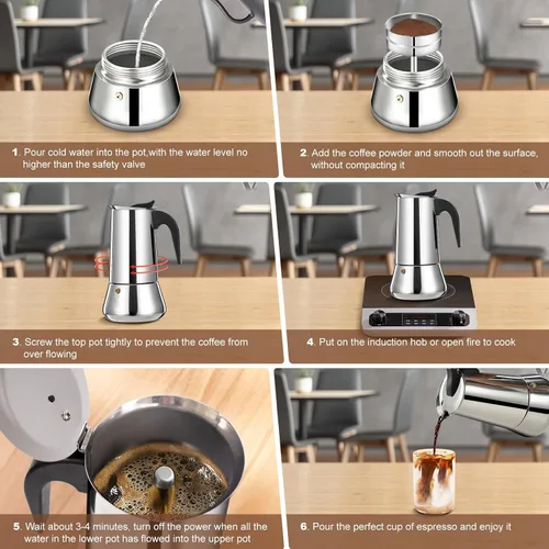 Miniatura 9 de olla de 6 tazas para preparar espresso en la estufa, cafetera moka de acero inoxidable, percolador para estufa, cafetera italiana, capaz de preparar
