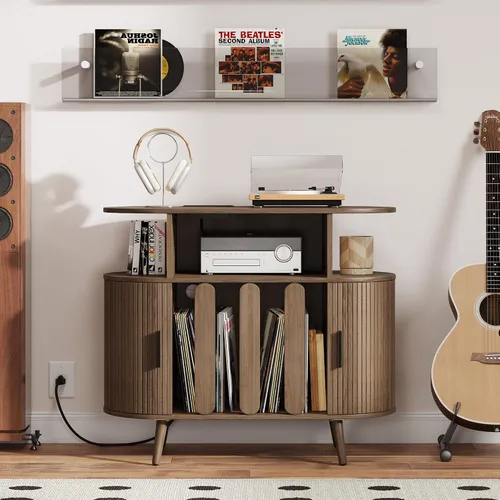 Miniatura 2 de Soporte grande para tocadiscos de 35.5 pulgadas con estación de carga, gabinete de almacenamiento de discos de vinilo, moderno soporte