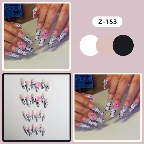Miniatura 5 de Uñas postizas a presión con estampado de leopardo, lindas uñas postizas con dijes, uñas largas de ataúd, uñas postizas de cobertura completa