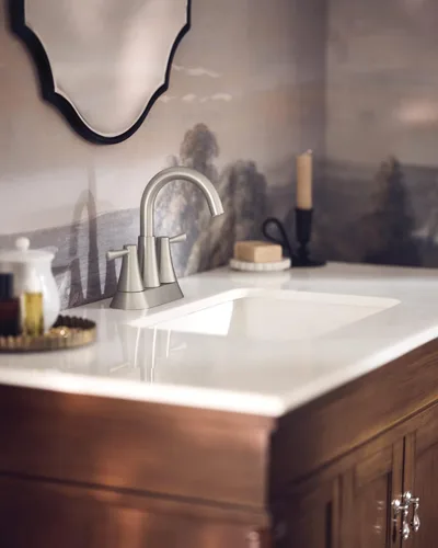Miniatura 2 de Moen Ronan – Grifo de baño moderno de 4" con dos asas y montaje de desagüe a presión en níquel cepillado resistente a las manchas, 84022SRN