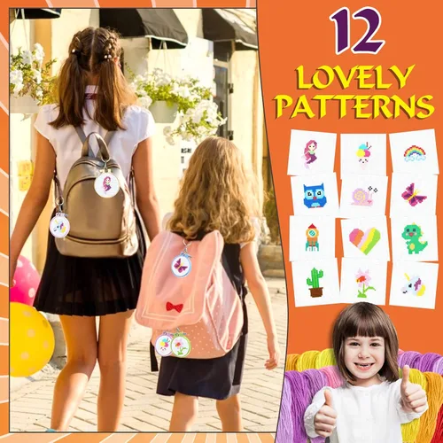 Miniatura 5 de ZOCONE 12 kits de punto de cruz para niños de 7 a 13 años, kits para principiantes con instrucciones, llaveros, aros y herramientas de bordado