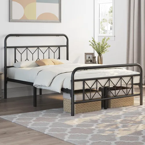 Miniatura 3 de Topeakmart Base de cama matrimonial con cabecera de estilo vintage, base de colchón, no necesita somier, almacenamiento debajo de la cama, soporte