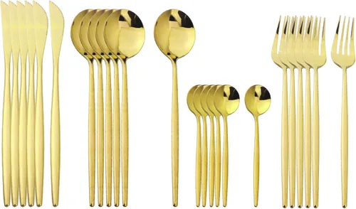 Miniatura 15 de Juego de cubiertos dorados con mango blanco, 24 piezas de acero inoxidable brillante, cubiertos para 6, aptos para lavavajillas Mango blanco dorado