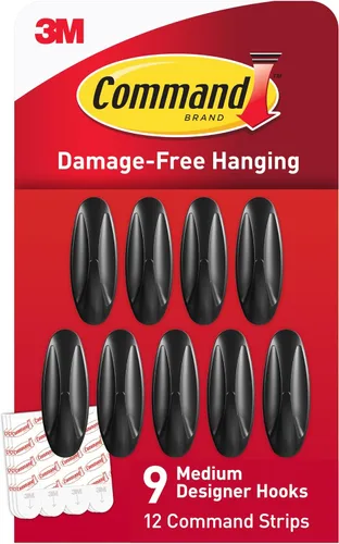 Command Ganchos medianos de diseño, negro, 9 ganchos, 12 tiras