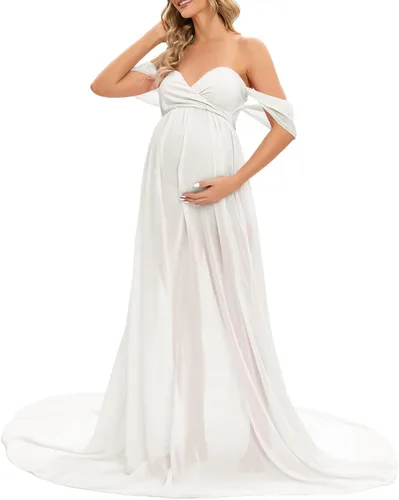 Miniatura 3 de ZIUMUDY Vestido largo de gasa de maternidad para sesión de fotos, fotografía con hombros descubiertos, vestido de gasa transparente envuelto
