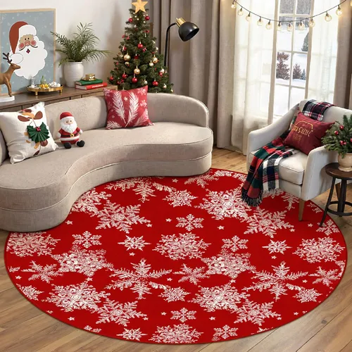 PureCozy Alfombra redonda de 8 pies, alfombra roja de Navidad para sala de estar, alfombra circular de copo de nieve grande de 8 x 8 mas, alfombra