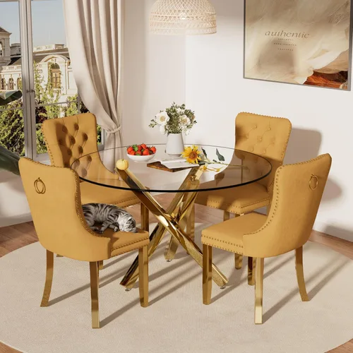 Miniatura 31 de Juego de comedor pequeño redondo de cristal transparente para 4, 39 pulgadas, moderno juego de mesa circular de cocina de mediados de siglo, sillas