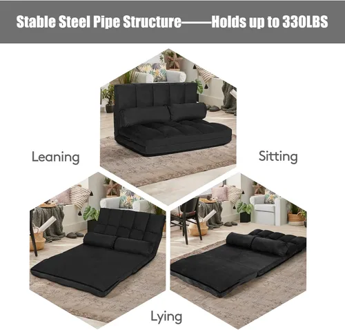 Miniatura 5 de S AFSTAR Sofá de suelo convertible, sofá de 6 posiciones con 2 almohadas extraíbles y cojín de esponja grueso, carga de 330 libras, sofá cama Negro